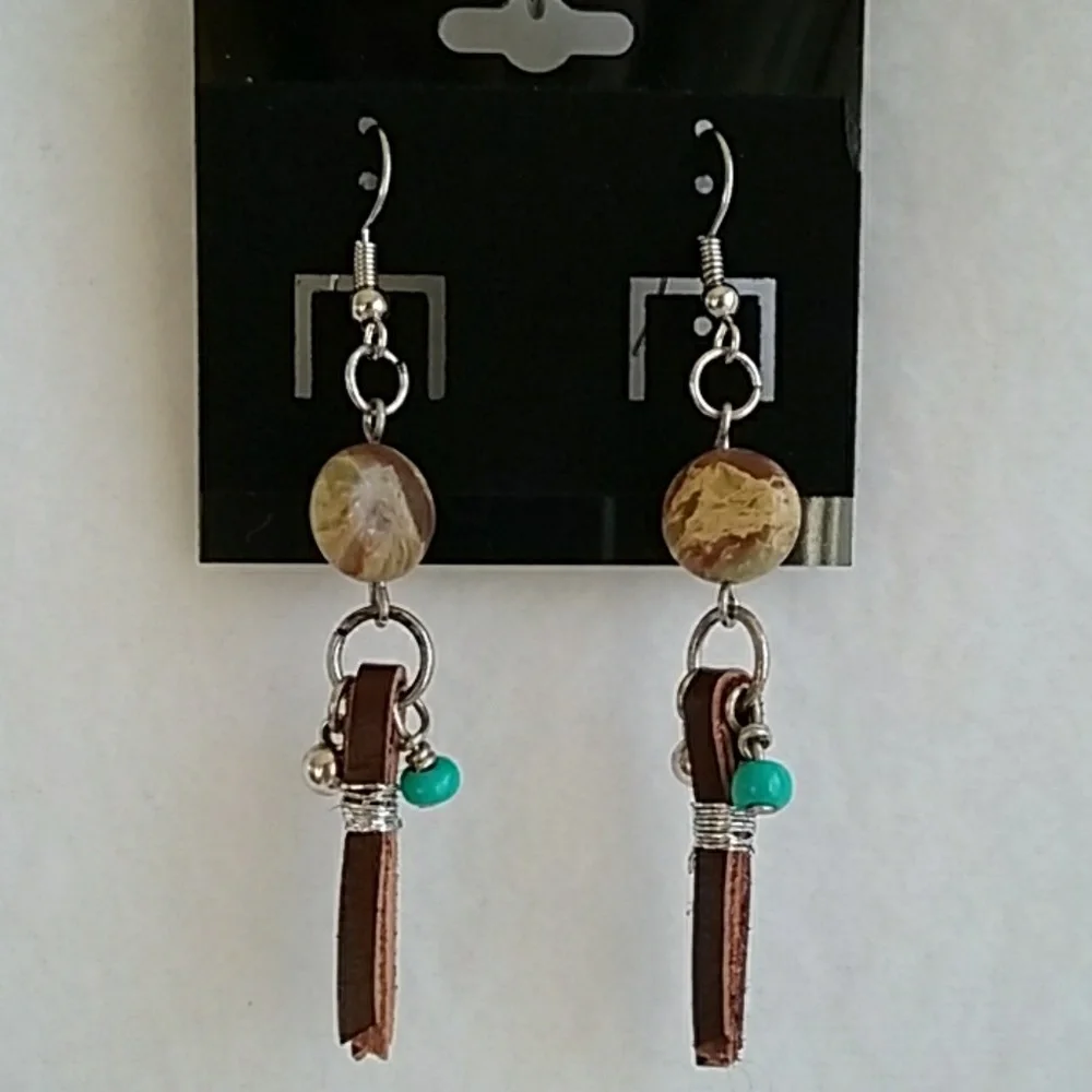 Womens stone and leather look hook earrings